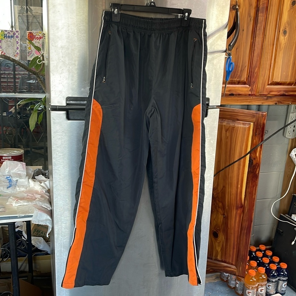 BCG sweatpants elastic waist,ankle zipper men’s sz L black with orange stripes‎